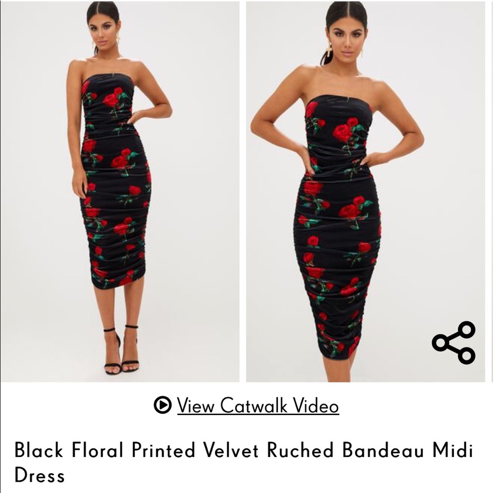 Black Floral Printed Velvet Ruched Bandeau Dress